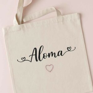 TOTE BAG PERSONALIZADA CON EL NOMBRE Y CORAZON DE CRISTALES.
